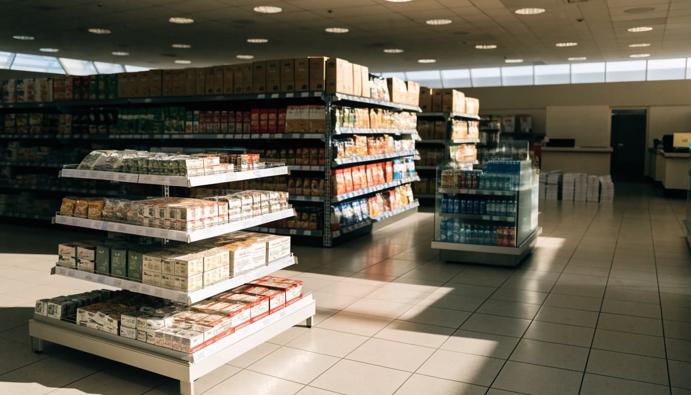 A grocery aisle shows a floor display, shelves, an endcap, and a counter unit.