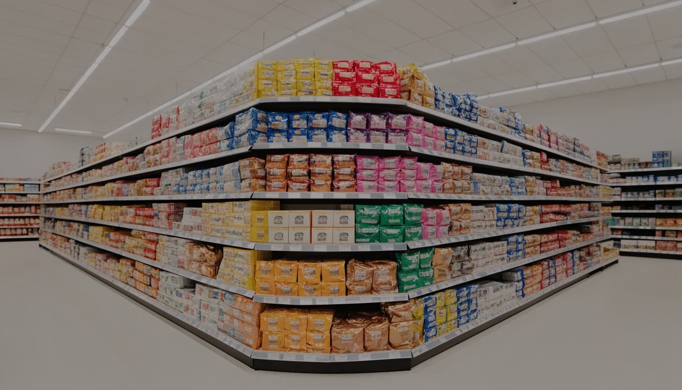 Colorful packaged groceries fill a display at a supermarket aisle intersection.